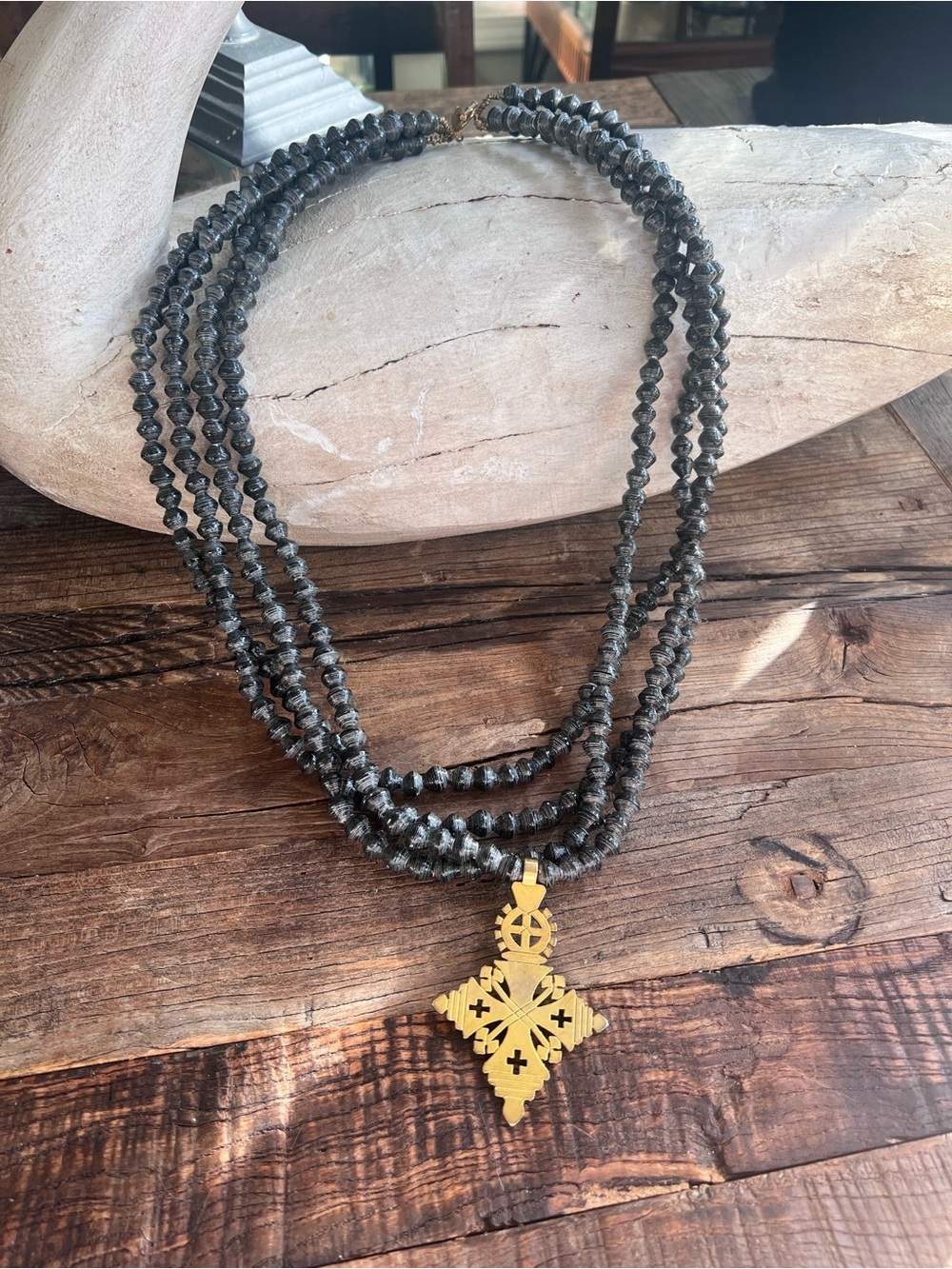 Akola Project Necklace Ethiopian Cross Uganda Paper Bead Brass Toggle Clasp